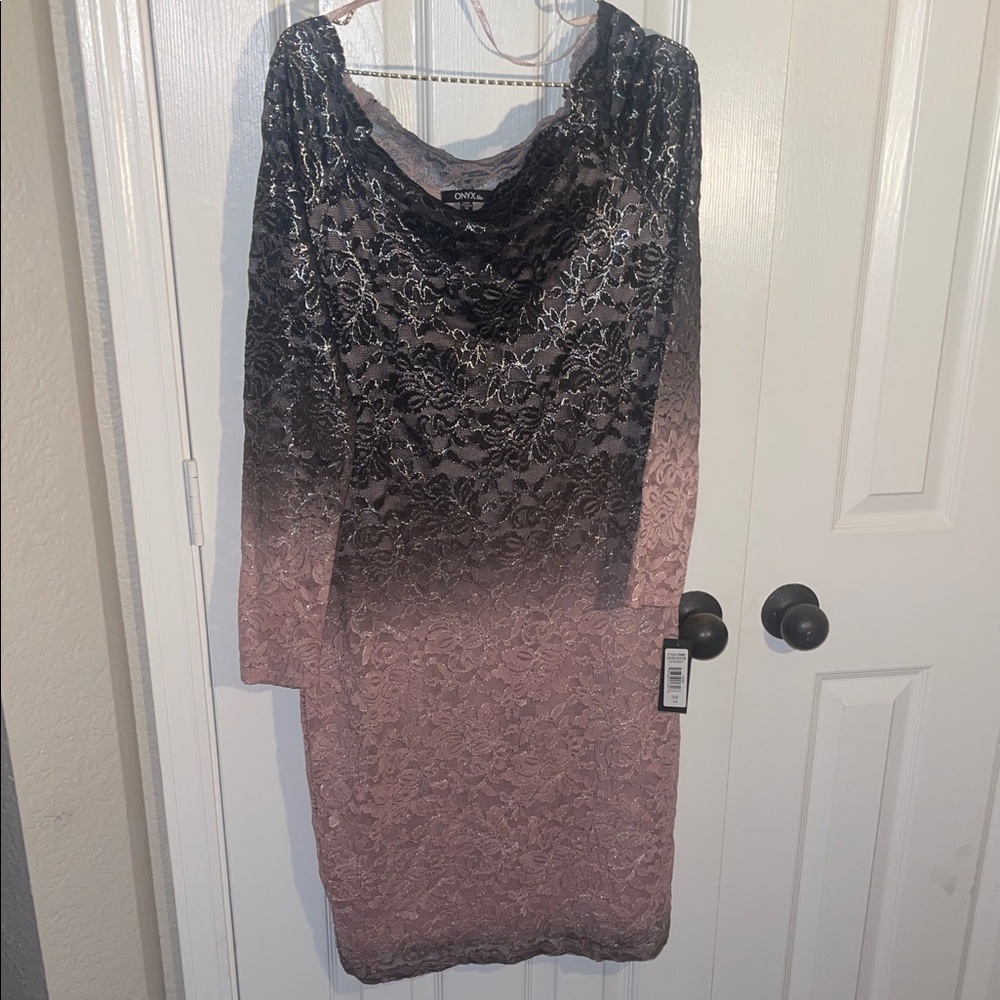 Onyx Nite Ombre Lace Long Sleeve Dress - Black and Pink